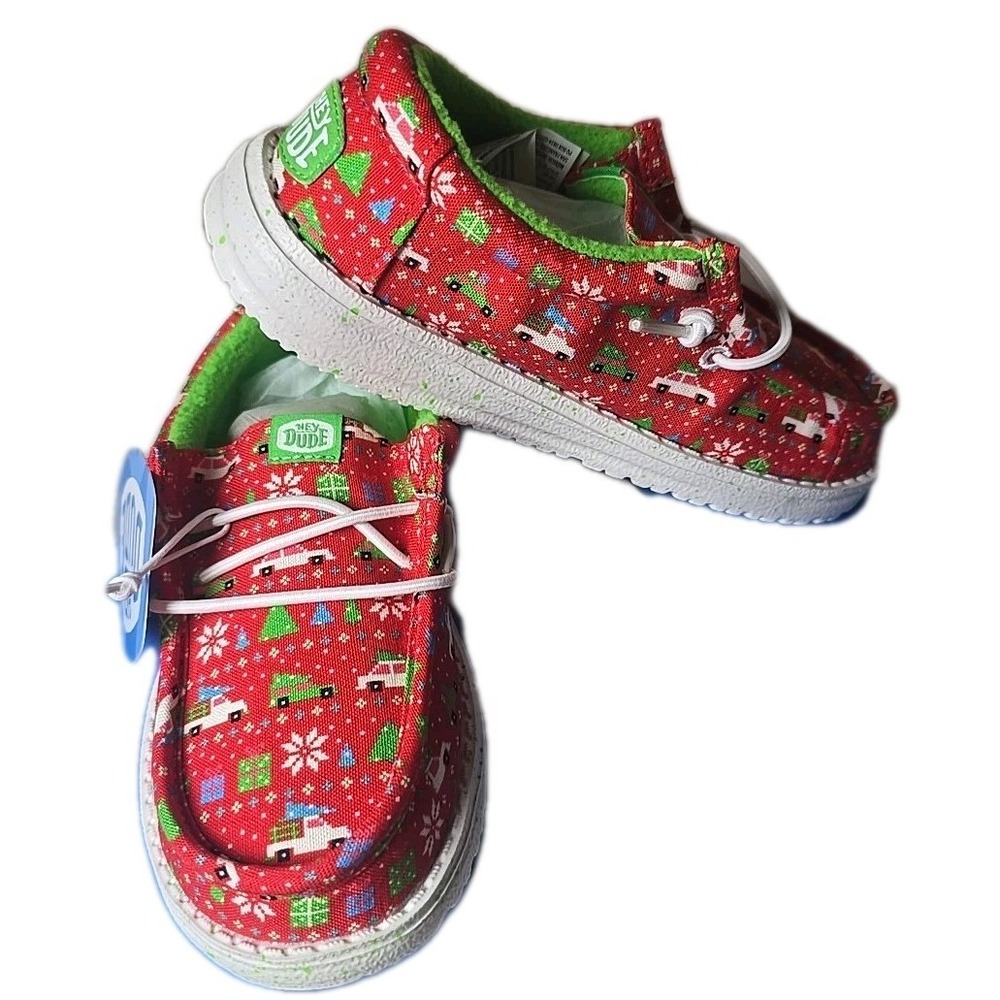 Hey Dude NIB Wally Y Holiday Sweater Red/Green Shoes Youth Size C13 NEW